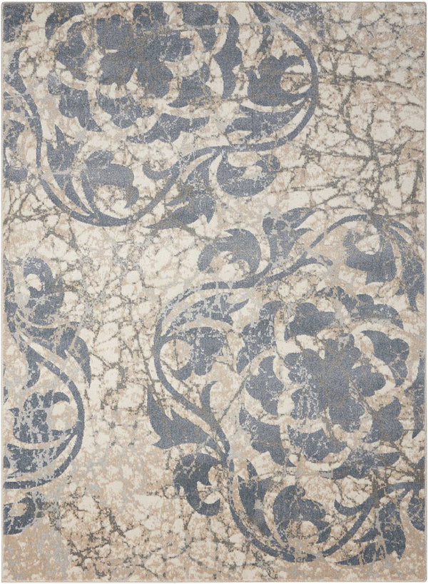 Homeroots 9' X 13' Ivory Blue And Slate Gray Floral Distressed Area Rug  Polyester 554724