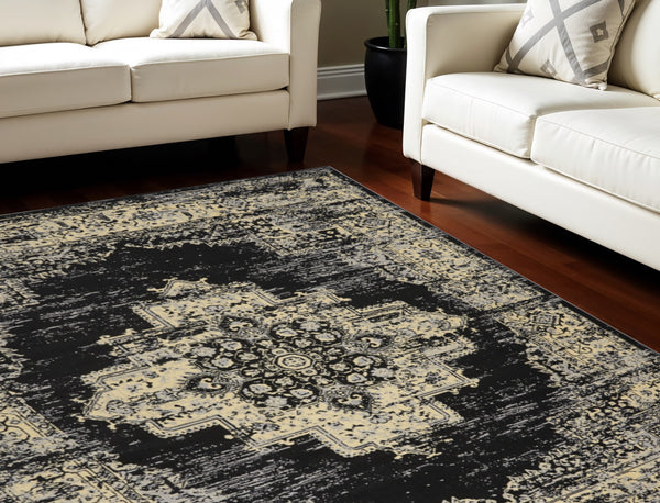 Homeroots 9' X 12' Black And Tan Medallion Distressed Non Skid Area Rug  Polypropylene 554733