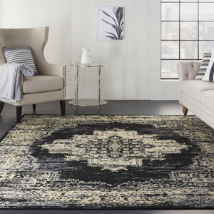 HomeRoots 9' Black and Tan Medallion Area Rug - Elegant Distressed Design, Durable and Stain-Resistant Style 9' X 12' 554733