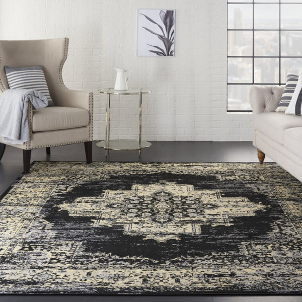 HomeRoots 9' Black and Tan Medallion Area Rug - Elegant Distressed Design, Durable and Stain-Resistant Style 9' X 12' 554733
