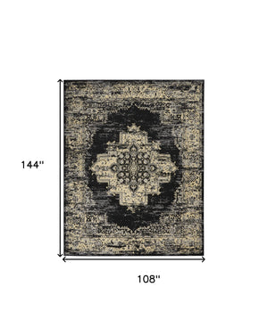 Homeroots 9' X 12' Black And Tan Medallion Distressed Non Skid Area Rug  Polypropylene 554733