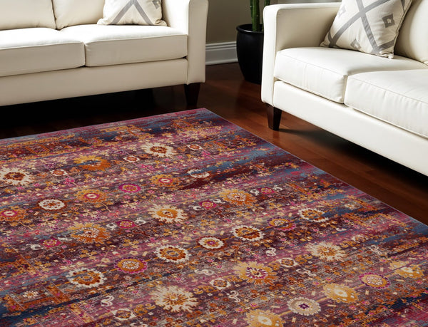 Homeroots 9' X 12' Floral Distressed Area Rug In Blue, Yellow & Red – Durable, Non-skid, Stain Resistant Design  Polypropylene 554736