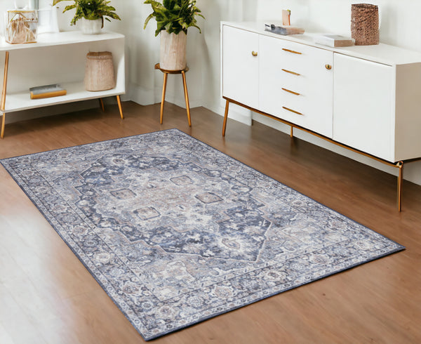 Homeroots 4' X 6' Ivory And Blue Floral Power Loom Distressed Area Rug  Cotton Blend 554738