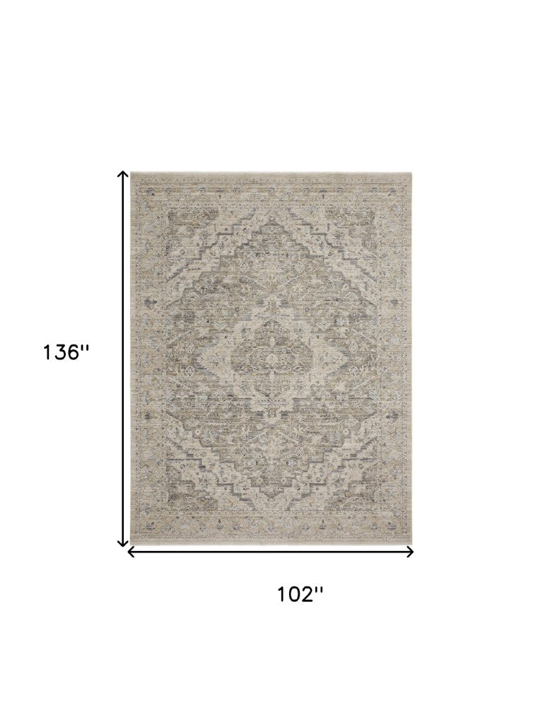 9 X 11 Taupe Ivory Medallion Polyester Area Rug with Distressed Vintage Low Pile