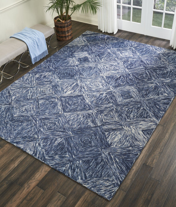 HomeRoots 8' Geometric Wool Area Rug in Denim Blue and Ivory – Stylish, Cozy, Perfect for Any Room Decor 8' X 11' 554766
