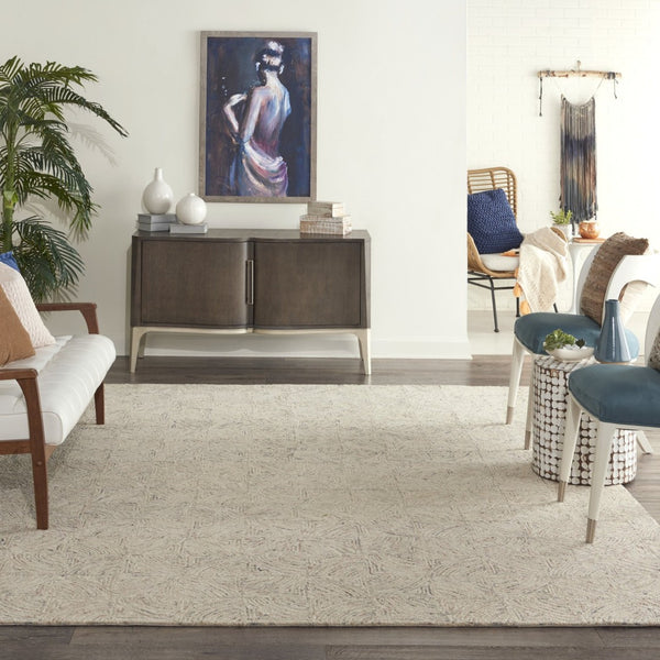 HomeRoots 5' Luxurious Ivory Tan and Gray Wool Geometric Area Rug for Contemporary Home Decor Style 8' X 11' 554767