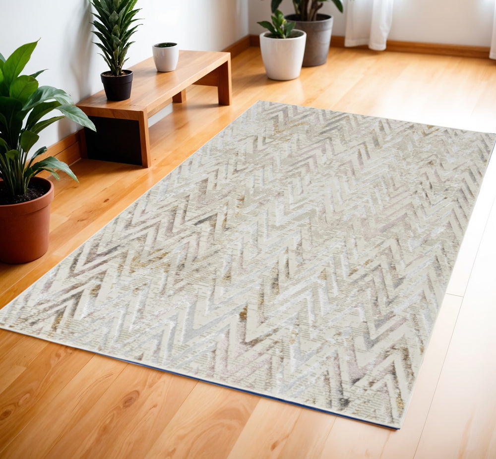 Homeroots 4' X 6' Ivory Black And Gray Chevron Distressed Non Skid Area Rug  Polyester 554785