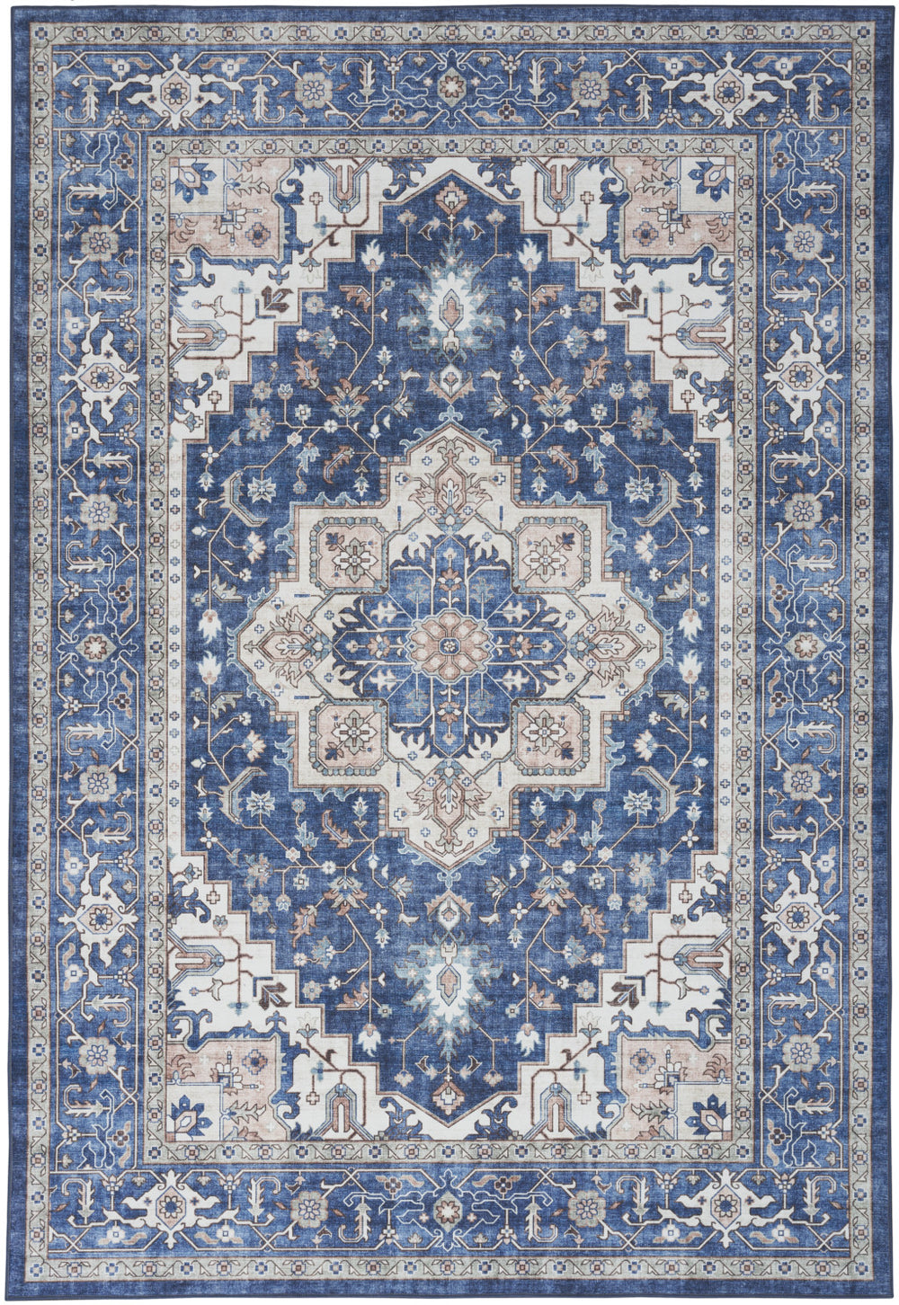 Homeroots 8' X 10' Ivory And Blue Medallion Distressed Non Skid Area Rug  Polyester 554791