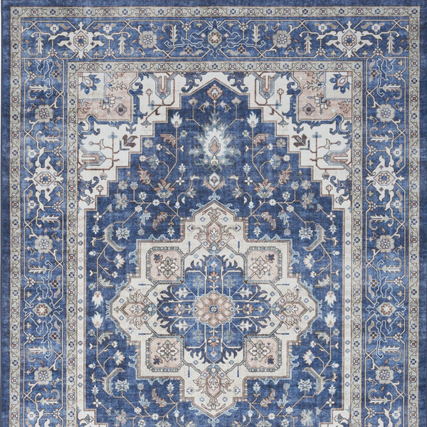 Homeroots 8' X 10' Ivory And Blue Medallion Distressed Non Skid Area Rug  Polyester 554791