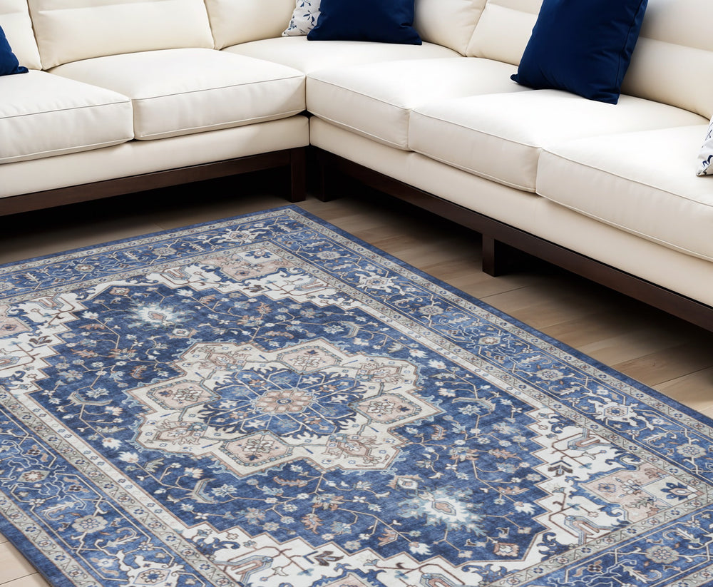 Homeroots 8' X 10' Ivory And Blue Medallion Distressed Non Skid Area Rug  Polyester 554791