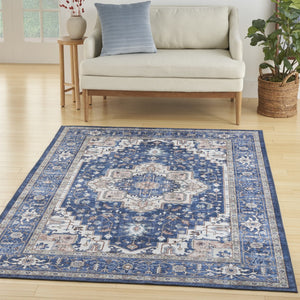 HomeRoots 8' X 10' Ivory and Blue Medallion Distressed Area Rug - Durable, Stain-Resistant, Perfect for Any Room! 554791