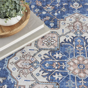 HomeRoots 8' X 10' Ivory and Blue Medallion Distressed Area Rug - Durable, Stain-Resistant, Perfect for Any Room! 554791