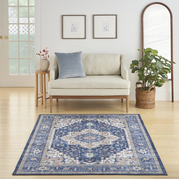 HomeRoots 8' X 10' Ivory and Blue Medallion Distressed Area Rug - Durable, Stain-Resistant, Perfect for Any Room! 554791