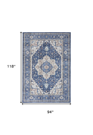Homeroots 8' X 10' Ivory And Blue Medallion Distressed Non Skid Area Rug  Polyester 554791