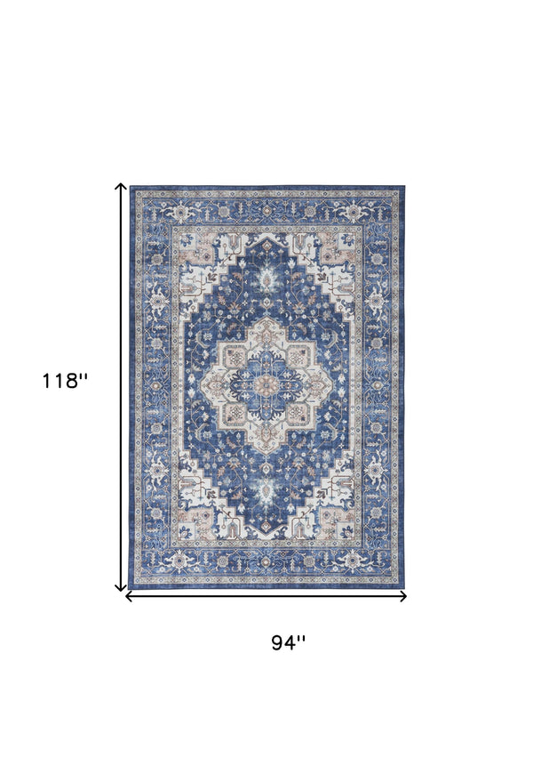 Homeroots 8' X 10' Ivory And Blue Medallion Distressed Non Skid Area Rug  Polyester 554791