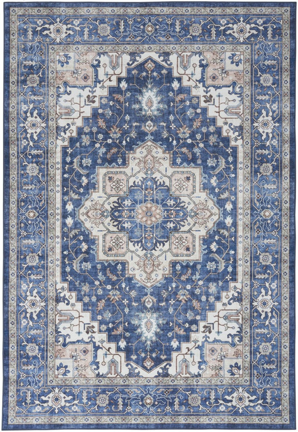 HomeRoots 8' X 10' Ivory and Blue Medallion Distressed Area Rug - Durable, Stain-Resistant, Perfect for Any Room! 554791
