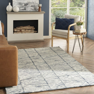 HomeRoots 8' Blue and White Wool Geometric Area Rug - Modern Style, Stain-Resistant, Plush Comfort for Homes 4' X 6' 554795