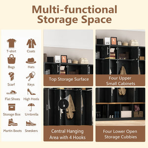 English Elm Wood Entryway Hall Tree with Bench Seating Coat Hooks Shoe Cubbies Cabinet Black W5271S00003