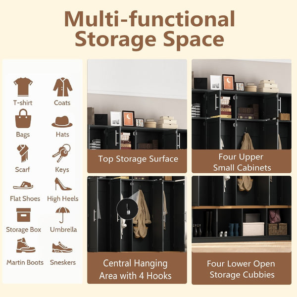 English Elm Wood Entryway Hall Tree with Bench Seating Coat Hooks Shoe Cubbies Cabinet Black W5271S00003