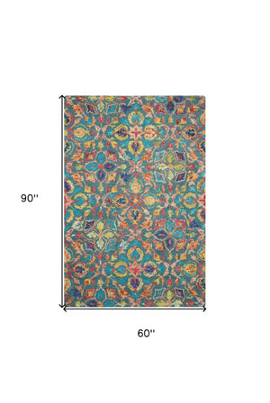 Homeroots 5' X 8' Hand-tufted Wool Area Rug In Teal Blue, Yellow & Red - Unique Floral Bohemian Decor Piece  Wool 554812