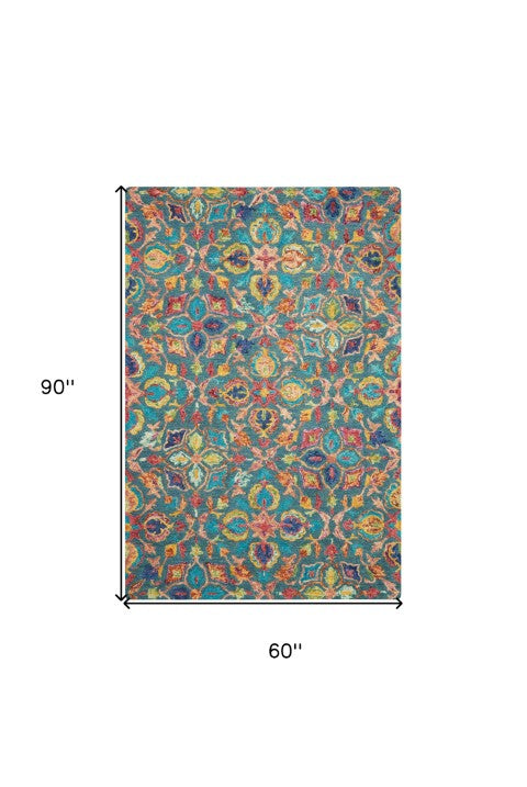 Homeroots 5' X 8' Hand-tufted Wool Area Rug In Teal Blue, Yellow & Red - Unique Floral Bohemian Decor Piece  Wool 554812