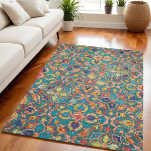Homeroots 5' X 8' Hand-tufted Wool Area Rug In Teal Blue, Yellow & Red - Unique Floral Bohemian Decor Piece  Wool 554812
