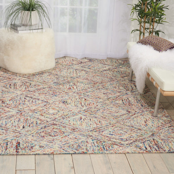 HomeRoots 8' Wool Geometric Area Rug in Bold Ivory, Red, and Blue - Modern Style for Living Spaces and More 5' X 8' 554813