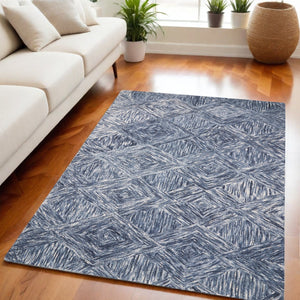 HomeRoots 8' Geometric Wool Area Rug in Denim Blue and Ivory – Stylish, Cozy, Perfect for Any Room Decor 5' X 8' 554817