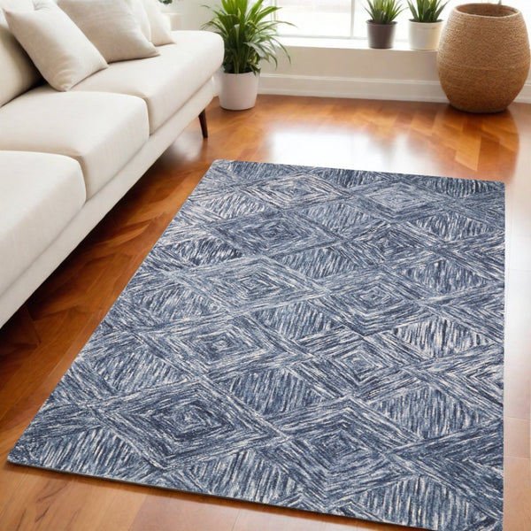 HomeRoots 8' Geometric Wool Area Rug in Denim Blue and Ivory – Stylish, Cozy, Perfect for Any Room Decor 5' X 8' 554817