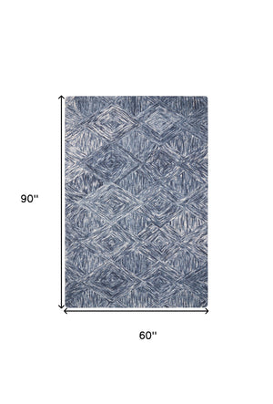 Homeroots 5' X 8' Denim Blue And Ivory Wool Geometric Area Rug  Wool 554817