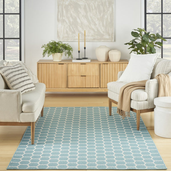HomeRoots 6' X 9' Aqua & Ivory Geometric Area Rug - Stylish Indoor/Outdoor Flatwoven Design for Any Space 554831
