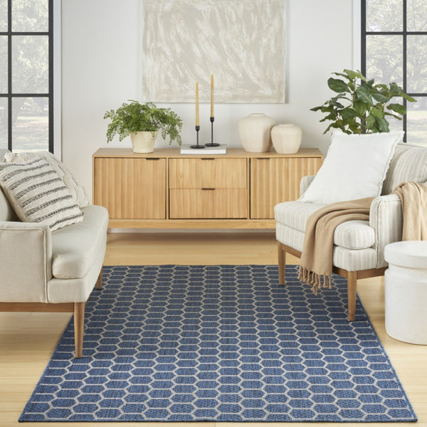 HomeRoots 6' X 9' Blue and Ivory Geometric Area Rug - Versatile Indoor/Outdoor Mat for Modern Spaces & Durability 554833