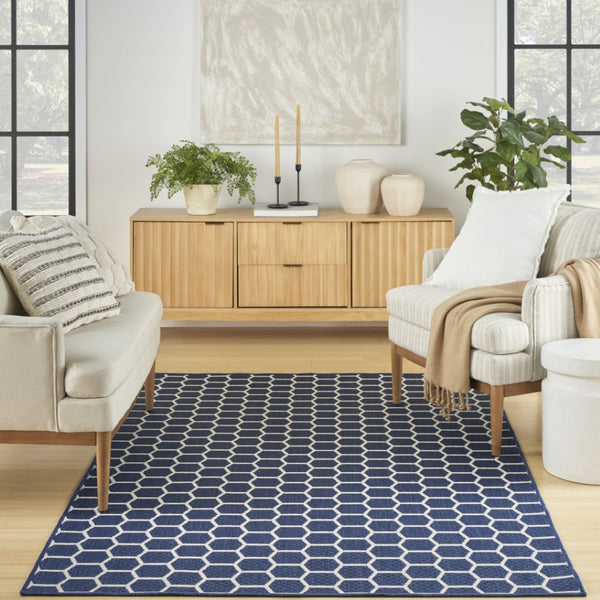 HomeRoots 6' X 9' Versatile Navy Blue & Ivory Geometric Indoor/Outdoor Area Rug for Modern Spaces & Durability 554837