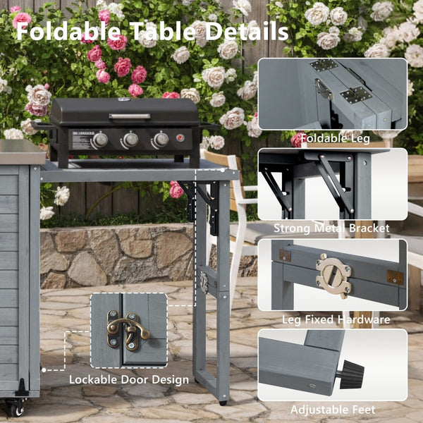 English Elm K&k Outdoor Rolling Kitchen Island Fir Wood Stainless Steel Top with Foldable Prep Station Grey+Blue N707P370276G