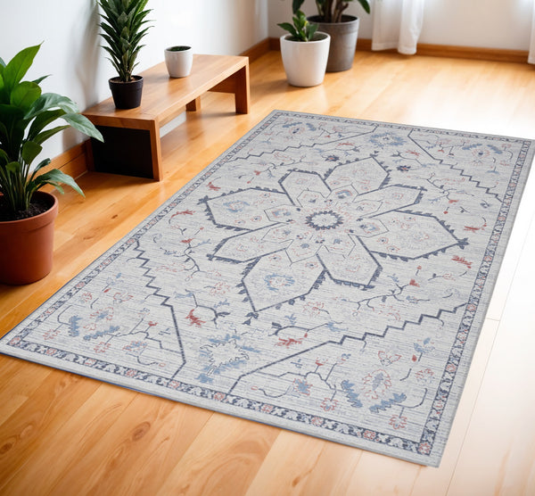Homeroots 4' X 6' Ivory And Blue Floral Power Loom Area Rug  Cotton Blend 554845