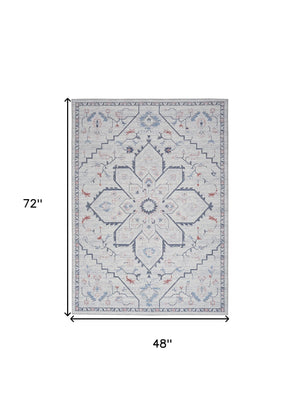 Homeroots 4' X 6' Ivory And Blue Floral Power Loom Area Rug  Cotton Blend 554845