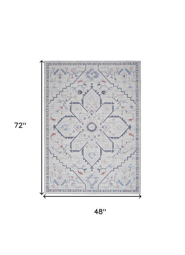 Homeroots 4' X 6' Ivory And Blue Floral Power Loom Area Rug  Cotton Blend 554845
