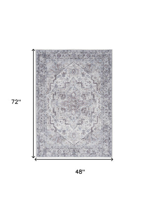 Homeroots 4' X 6' Ivory And Gray Floral Medallion Power Loom Distressed Area Rug  Cotton Blend 554846