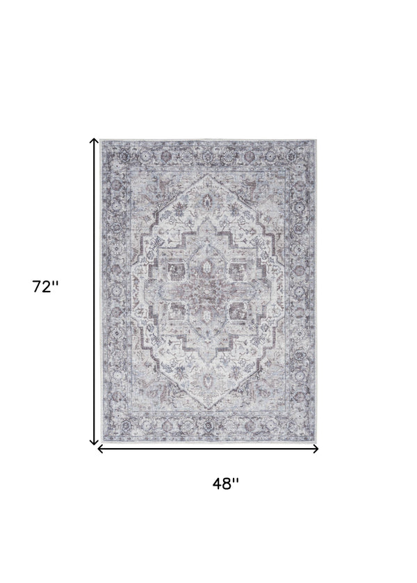 Homeroots 4' X 6' Ivory And Gray Floral Medallion Power Loom Distressed Area Rug  Cotton Blend 554846