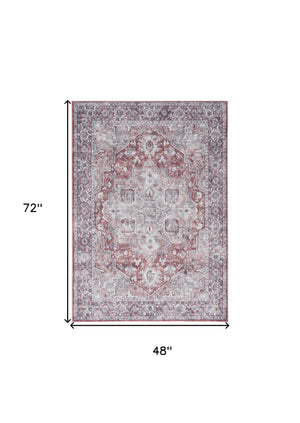 Homeroots 4' X 6' Gray And Red Floral Medallion Power Loom Distressed Area Rug  Cotton Blend 554847