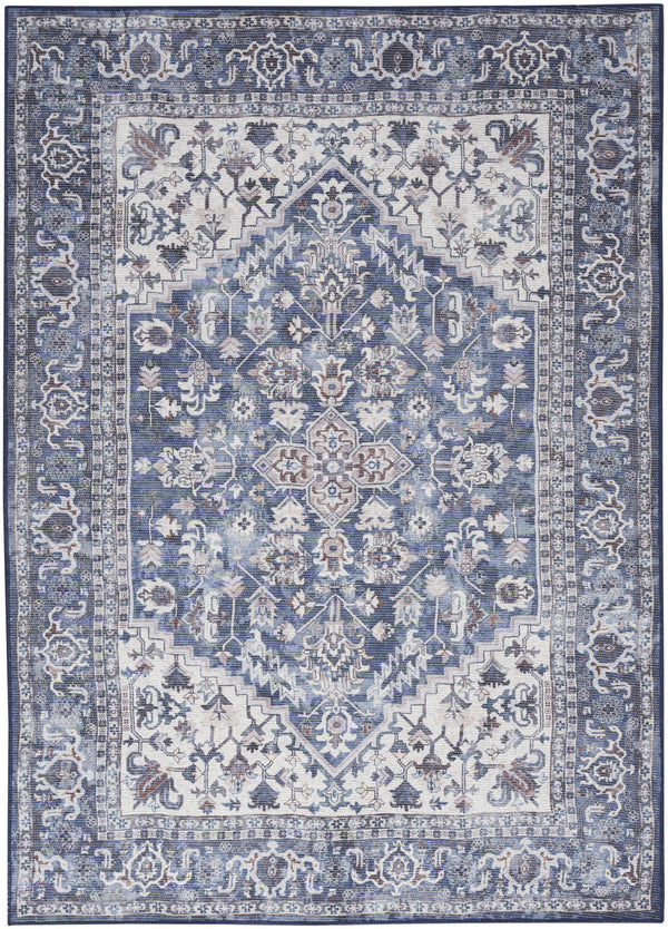 Homeroots 4' X 6' Blue And Ivory Floral Medallion Power Loom Distressed Area Rug  Cotton Blend 554849