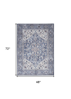Homeroots 4' X 6' Blue And Ivory Floral Medallion Power Loom Distressed Area Rug  Cotton Blend 554849