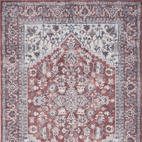 Homeroots 4' X 6' Red And Ivory Floral Medallion Power Loom Distressed Area Rug  Cotton Blend 554851