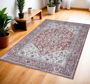 Homeroots 4' X 6' Red And Ivory Floral Medallion Power Loom Distressed Area Rug  Cotton Blend 554851