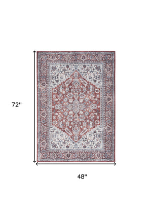 Homeroots 4' X 6' Red And Ivory Floral Medallion Power Loom Distressed Area Rug  Cotton Blend 554851