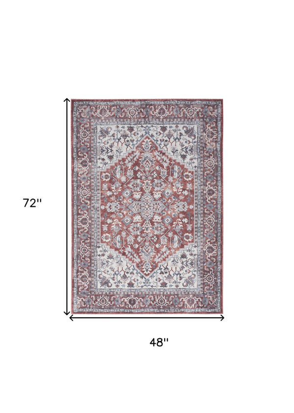 Homeroots 4' X 6' Red And Ivory Floral Medallion Power Loom Distressed Area Rug  Cotton Blend 554851