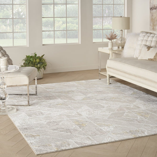 HomeRoots 5' Modern Beige Ivory and Gray Geometric Area Rug with Non-Skid Backing for Everyday Durability 8' X 10' 554879