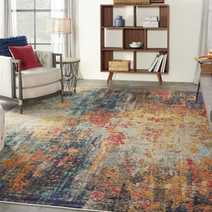 HomeRoots 7' Vibrant Abstract Blue Ivory Orange Non-Skid Area Rug for Living Room, Playroom, and More 9' X 12' 554882