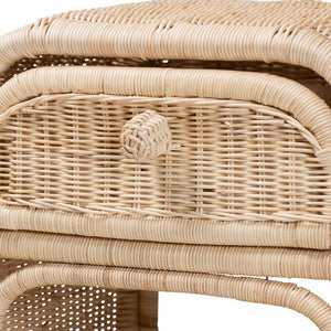 English Elm Modern Woven Rattan Bohemian Nightstand with Drawer and Open Shelf for Bedroom B2750P420374