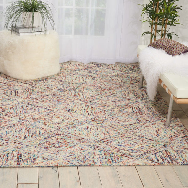 HomeRoots 8' Wool Geometric Area Rug in Bold Ivory, Red, and Blue - Modern Style for Living Spaces and More 4' X 6' 554884